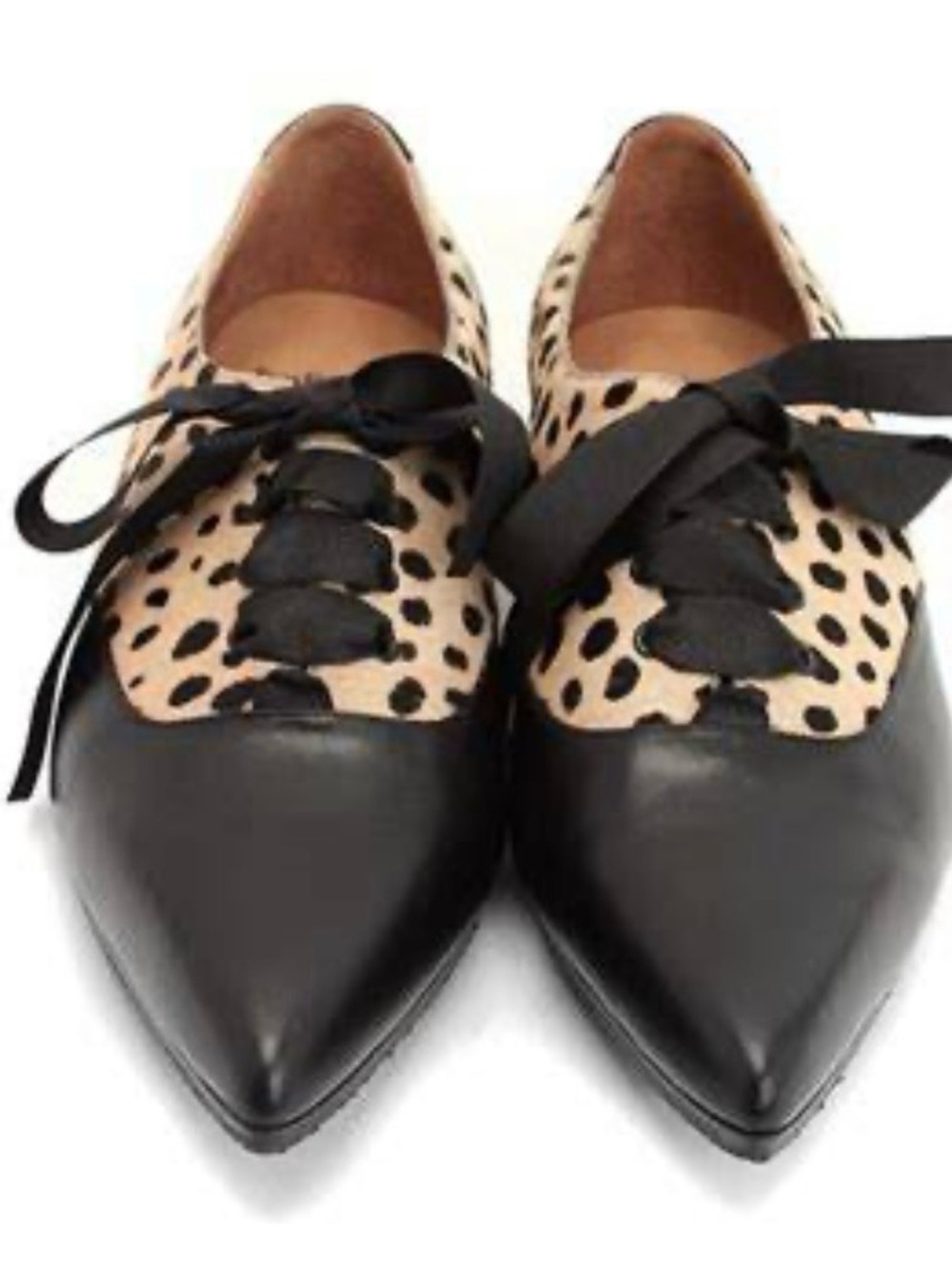 John Fluevog Black & Leopard Print Women's Pointed Oxford Lace-Up Shoes